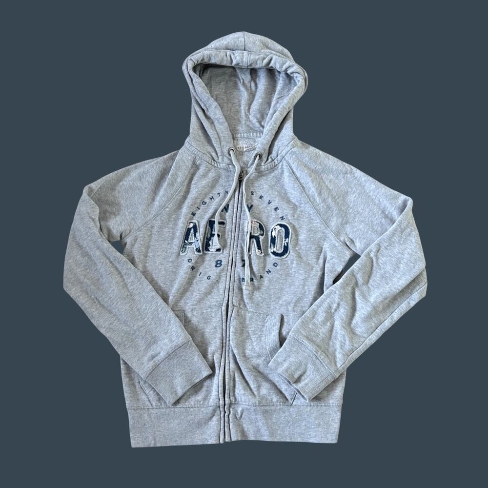 Aeropostale Gray Zip-Up Hoodie With Drawstring Hood & Front Pockets